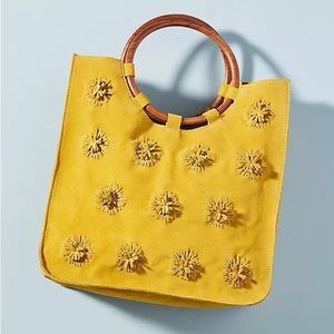 Anthropologie Pom Pom suede leather wooden handles tote, yellow